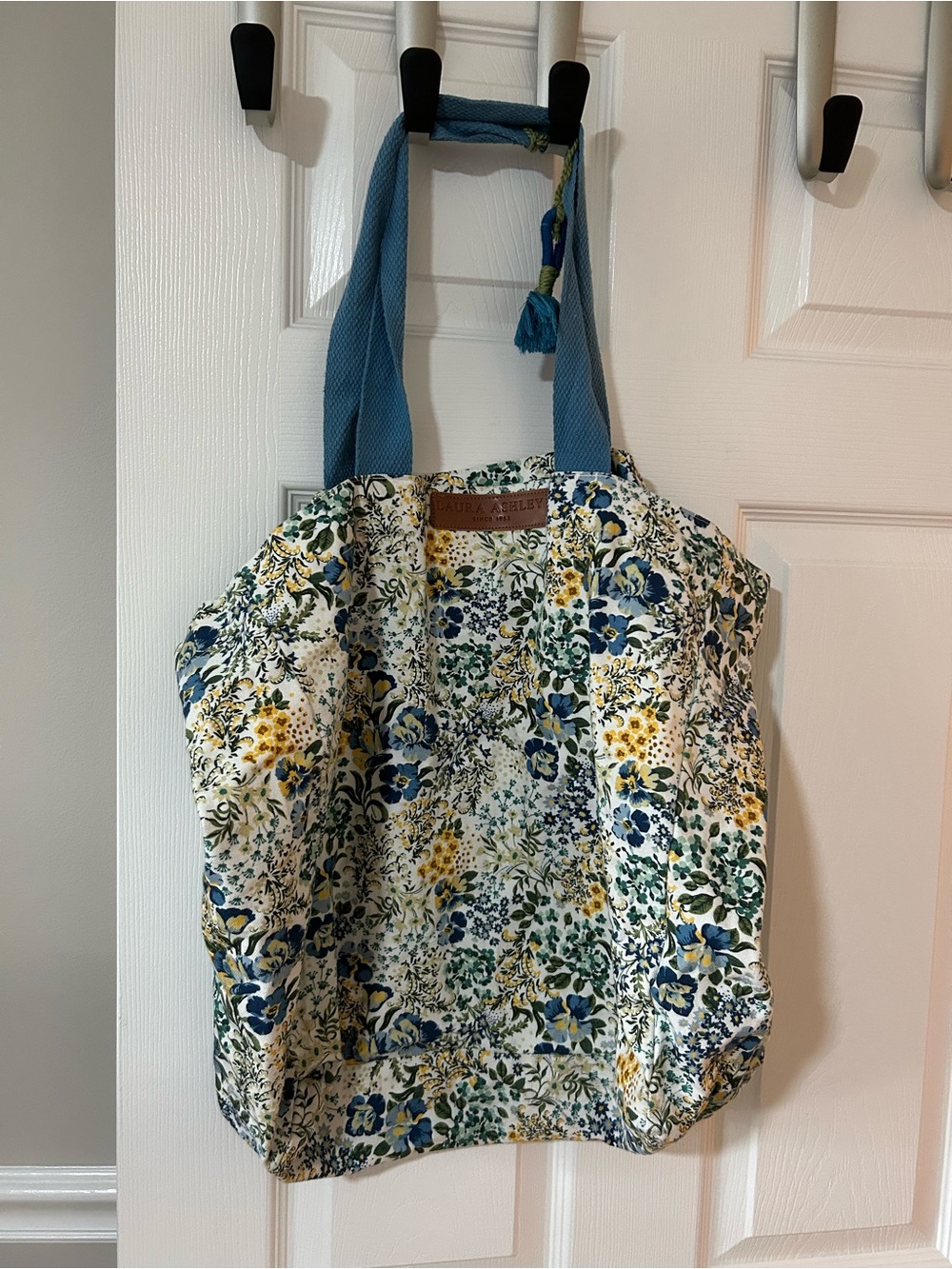 Laura Ashley Floral Canvas Tote Bag with Blue Straps